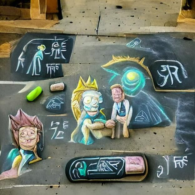 Chalk art hieroglyphs of Rick and Morty