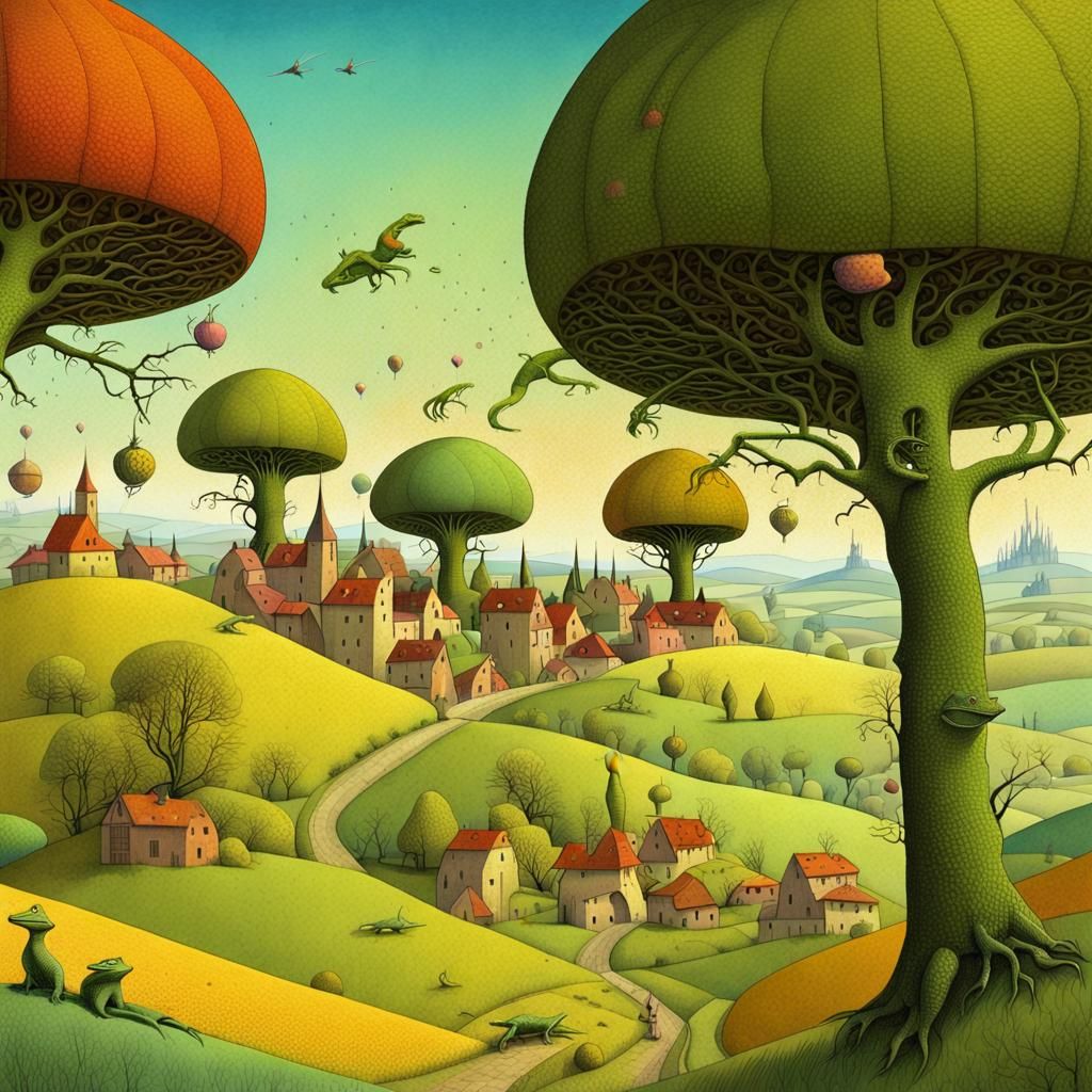 Surreal colorful hilly landscape with trees, farms and lizar...