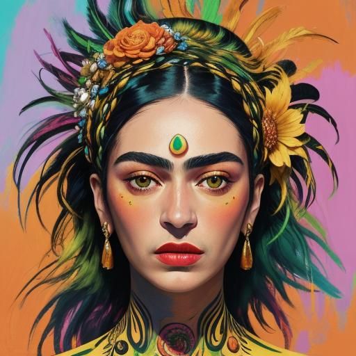 Beautiful woman with metallic gold skin, yellow peacock feat...