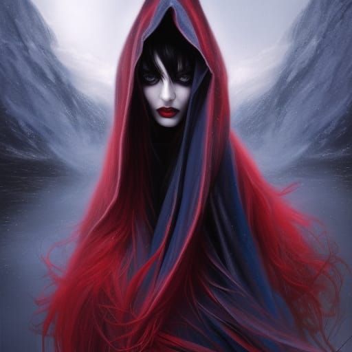 gothic ana de armas, hooded beauty, red blue, windblowing long black ...