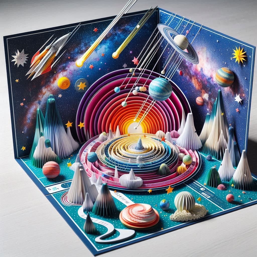 Pop-up book scenes showing a detailed galaxy with milky way, starry and a solar system 11