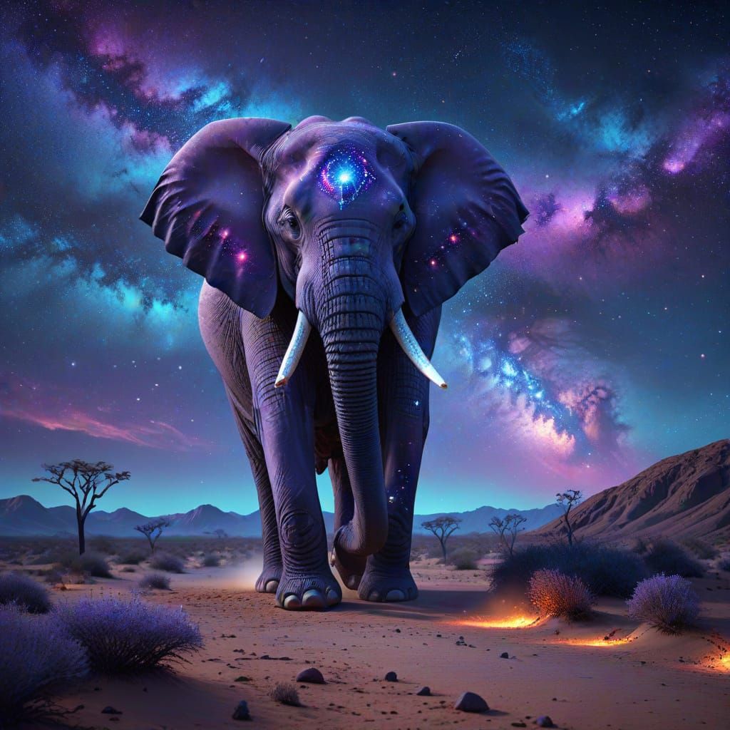 Cosmic Elephant in Surreal Desert Night