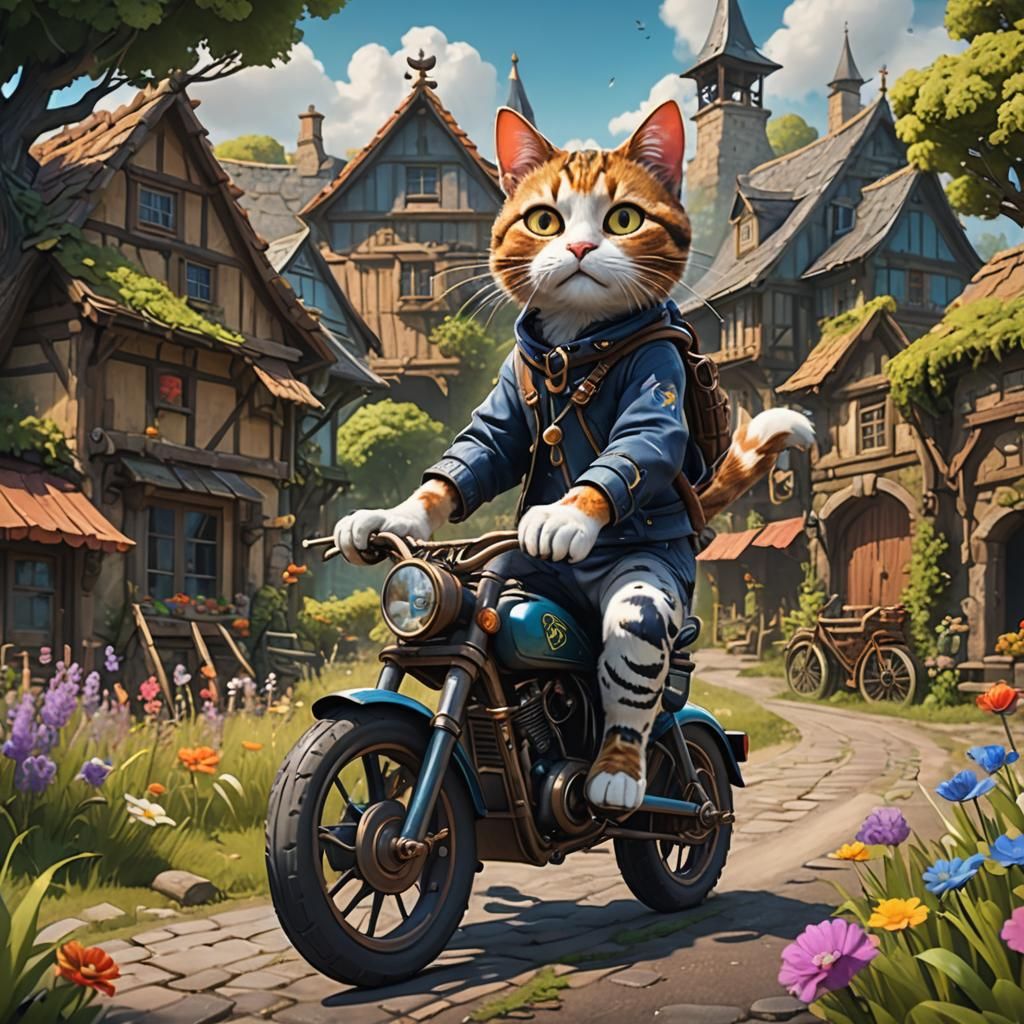 cartoon cat is riding byke in the countryside