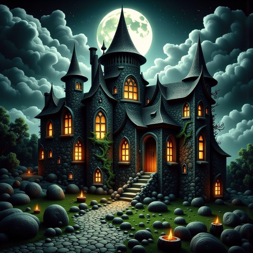 <lora:Witch Skeleton Ghost:1.0> a spooky old Castle in a Dark fantasy a Halloween-themed Background 