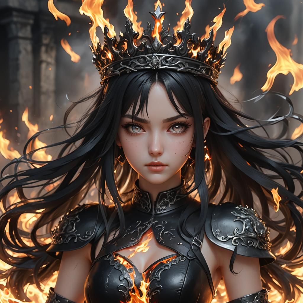 Anime Girl with Flaming Crown in 3D