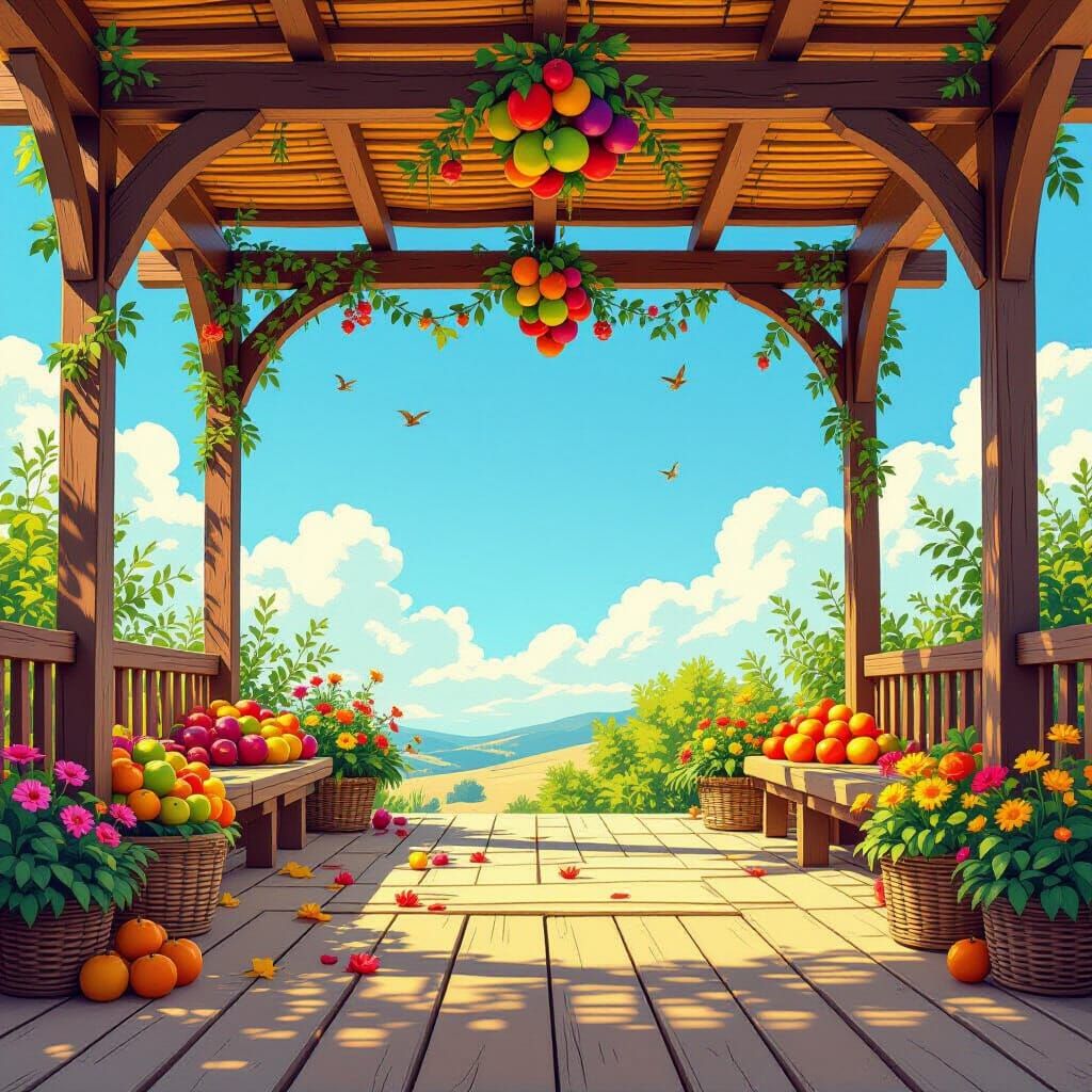 Vibrant Sukkah Illustration with Fruits and Flowers