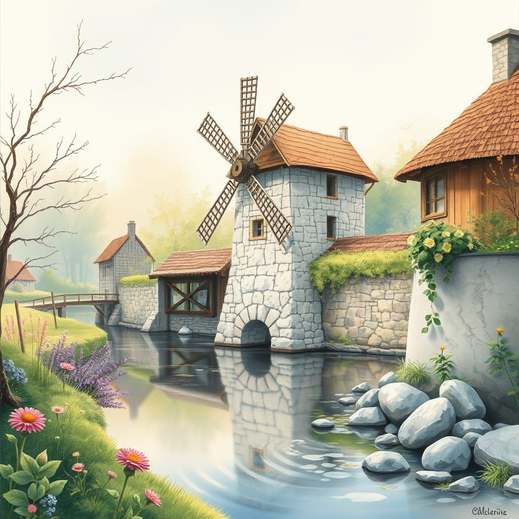 Water Mill Scene in Whimsical Watercolor Style