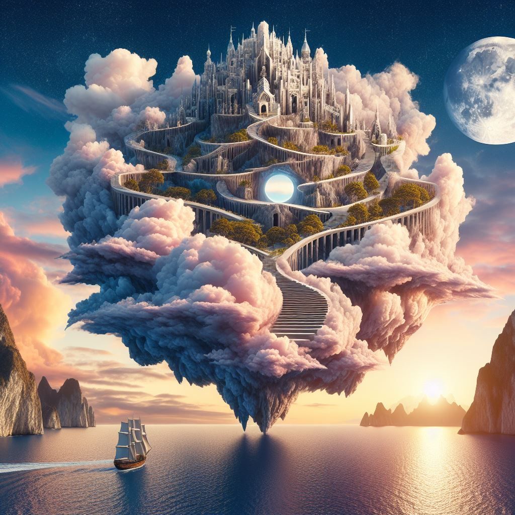 Swirling clouds floating castle island