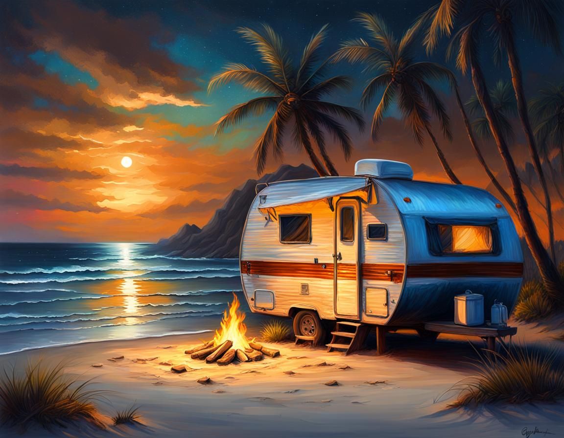 A camper at a beautiful beach campfire at the beach night moonshine ocean shore light reflecting in the ...  by @Gaby
