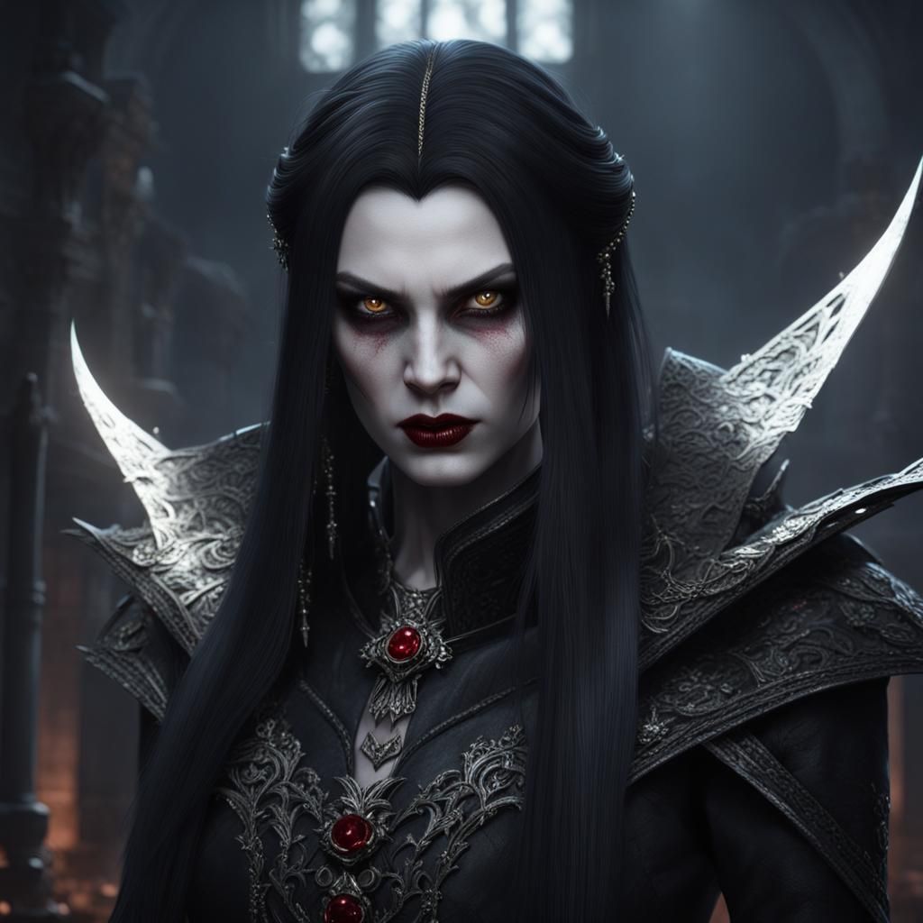 Portrait, realistic a beautiful pale skinned vampire lady wi...