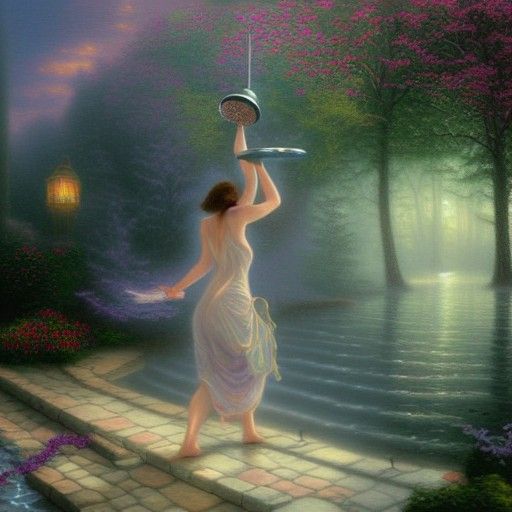 A Woman walking to a lake