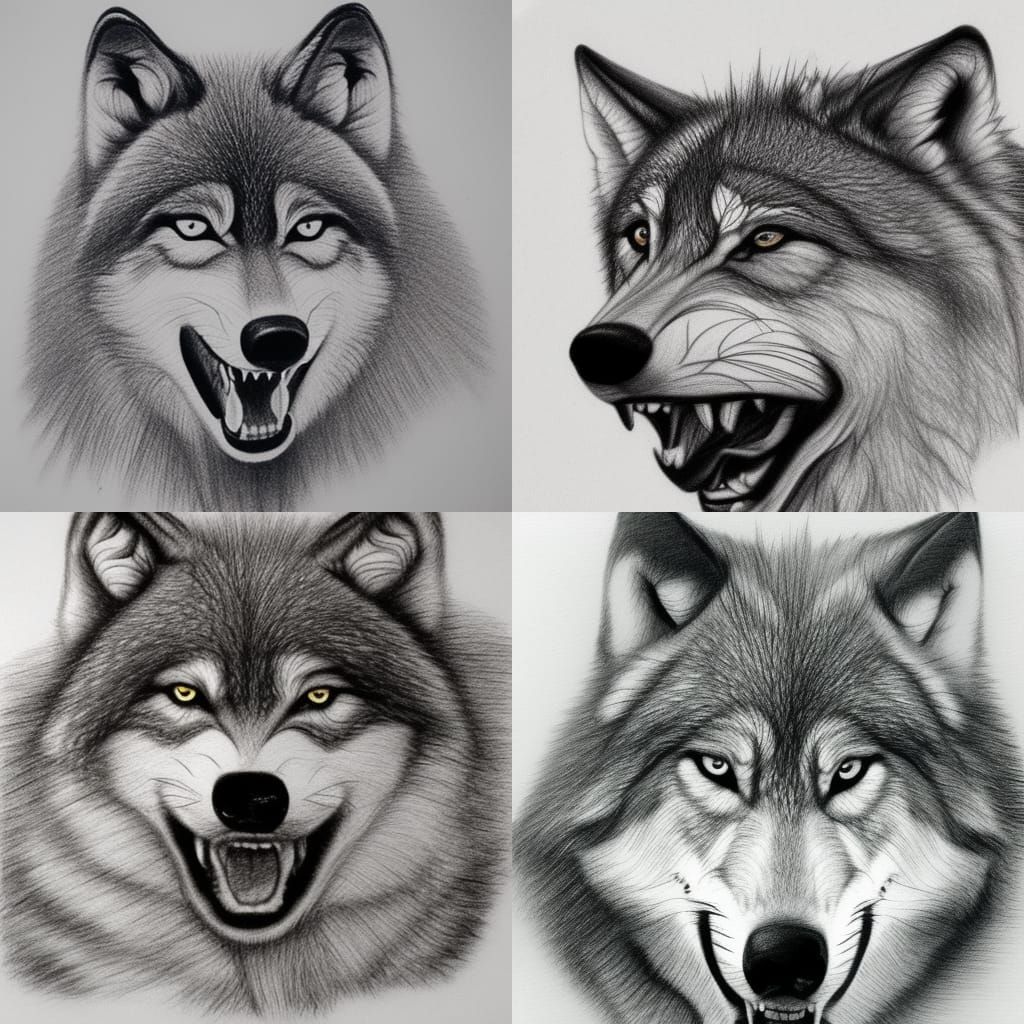 pencil sketch of a snarling wolf