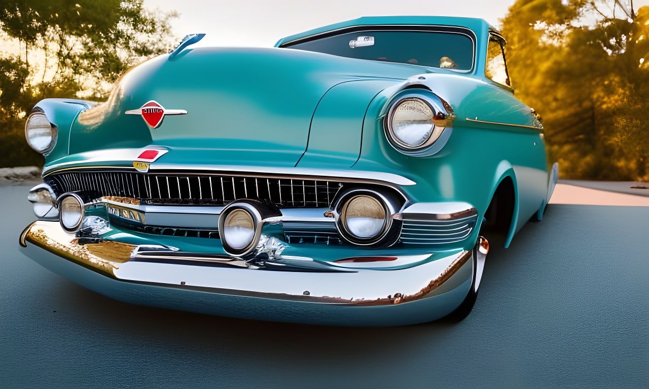 1950s hot rod car, two tone paint, surfboard on the roof, Professional photography, bokeh, natural lighting, ...  by @ukimalefu