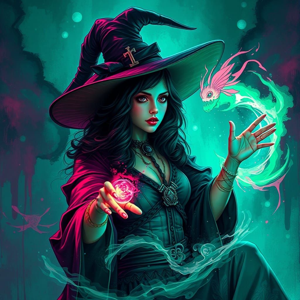 beautiful dieselpunk witch Casting a magic spell, dynamic li...