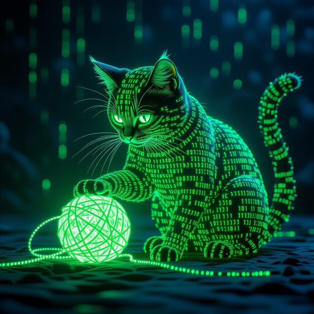 cat made of glowing green binary code playing with a ball of yarn made of glowing green binary code
