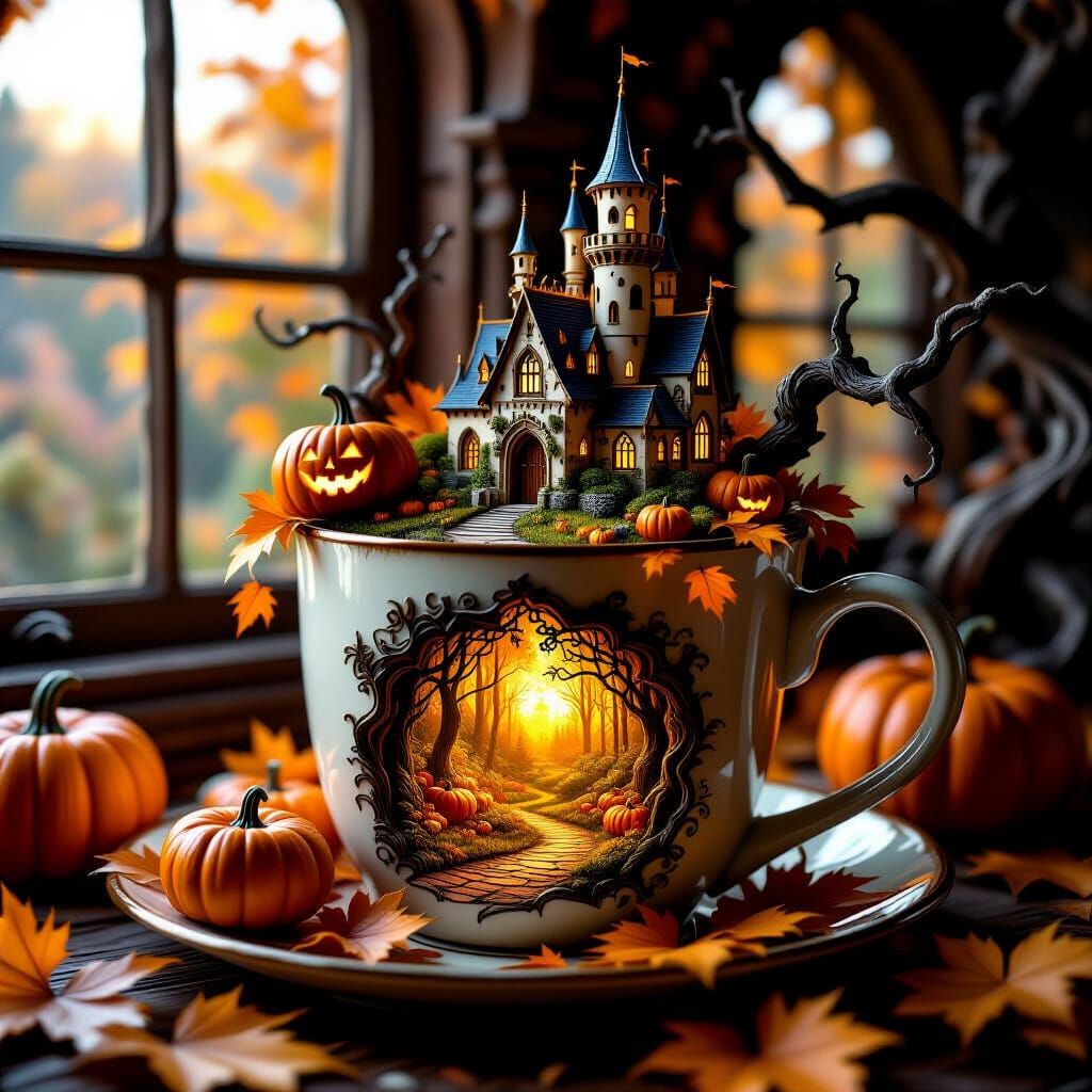 Gothic Castle in Coffee Mug: Autumn Fairytale Digital Art