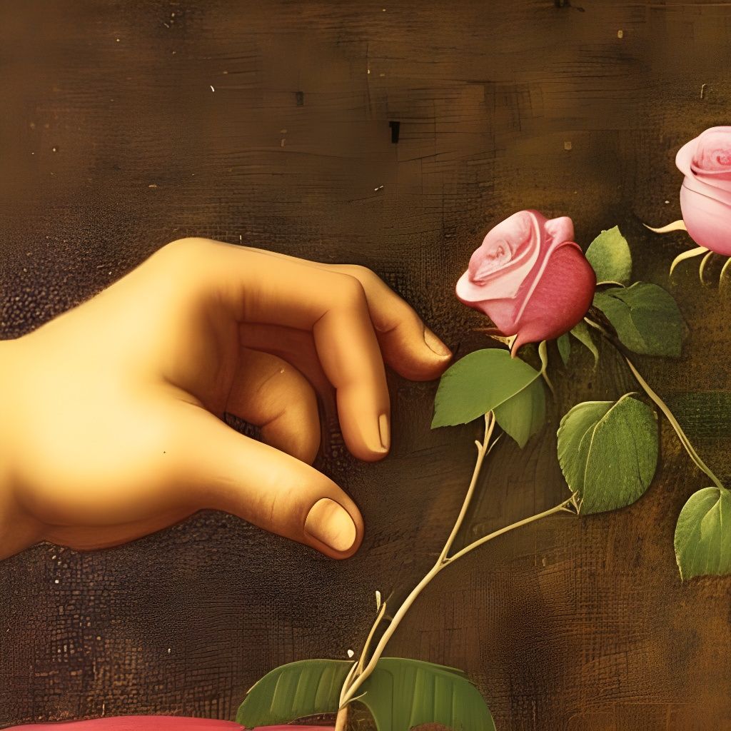 a closeup of a hand touching a rose