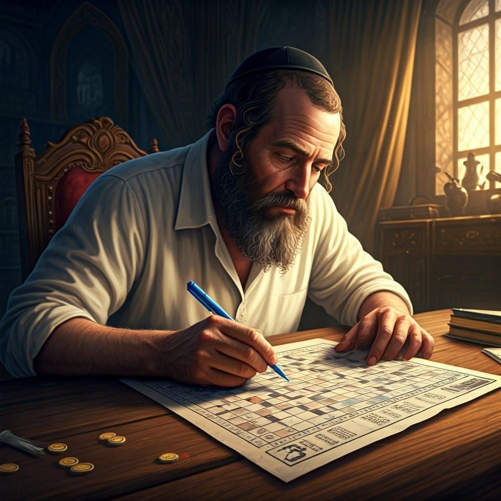 Hassidic Man Solving Puzzle in Fantasy Art Style