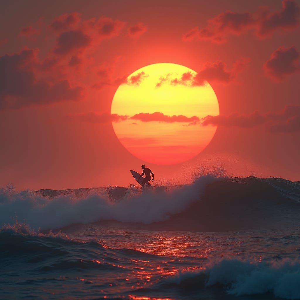 A lone surfer silhouetted against a fiery sunset, riding a colossal wave in the middle of the ocean. The wave is illuminated from within, ca...