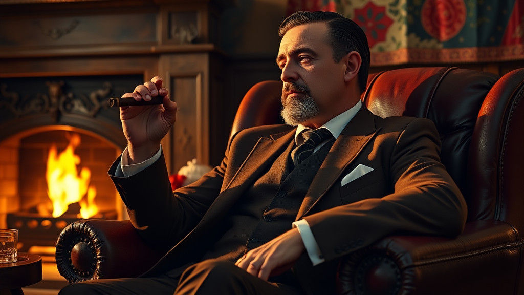 man cigar in old brown leather chair with whisky and fire