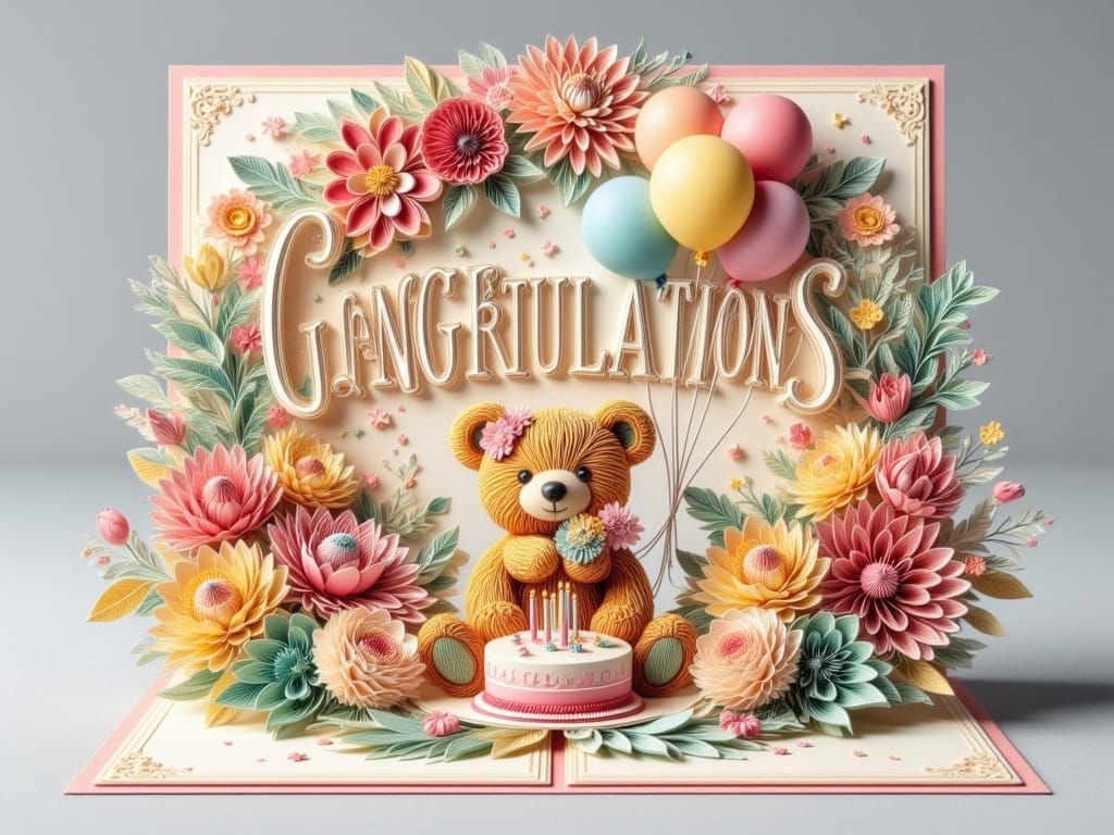 and elegant, bold text "CONGRATULATIONS" on a pop-up postcard A 3D quilted origami paper art in birthday style, decorated with flowers and A...