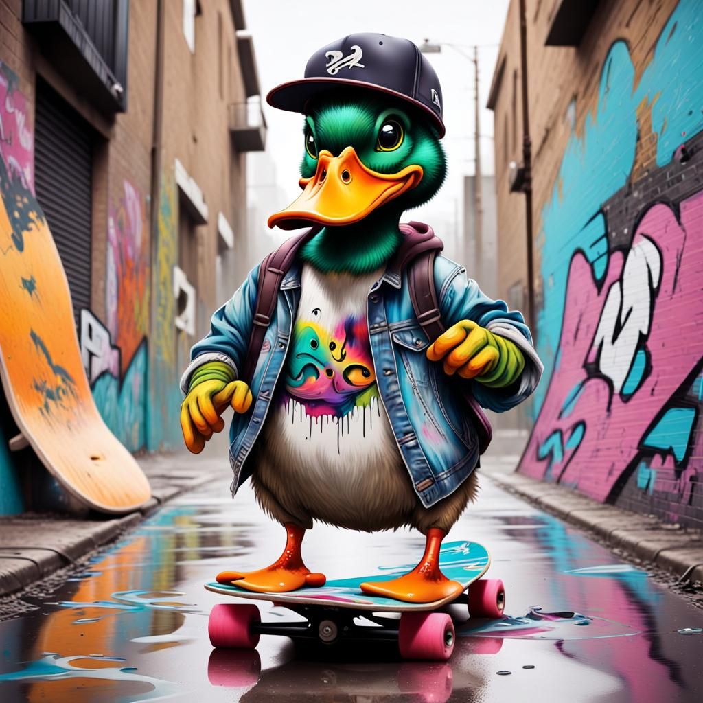Hipster Duck with skateboard and bad attitude