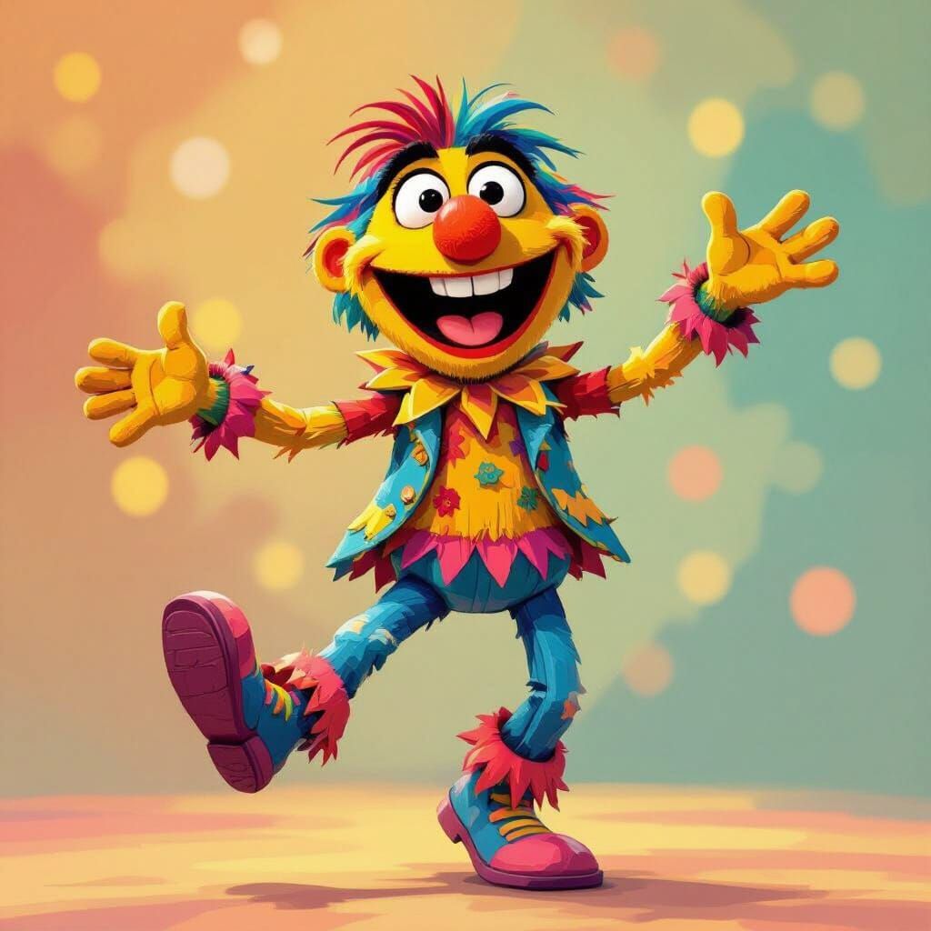 Happy Puppet Dancing in Whimsical Illustration Style