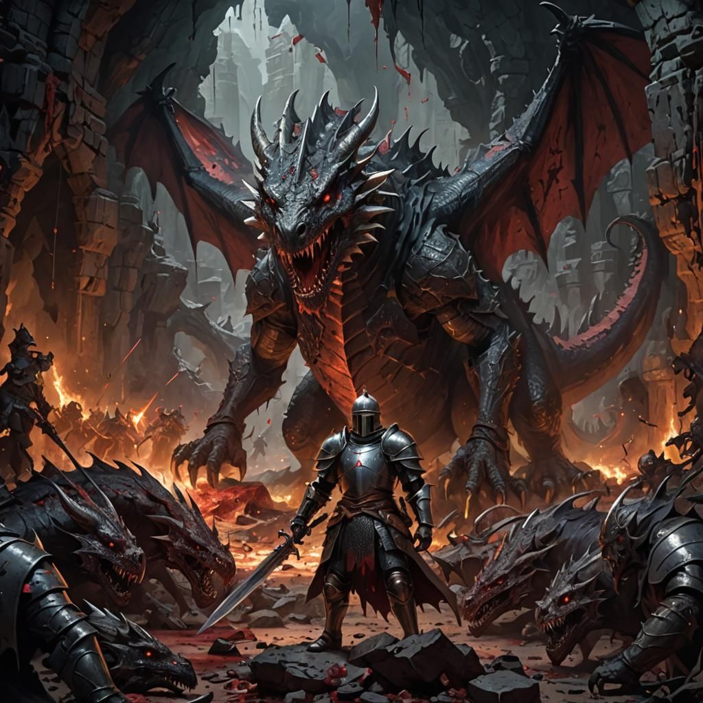 A knight stands alone surrounded by dragons