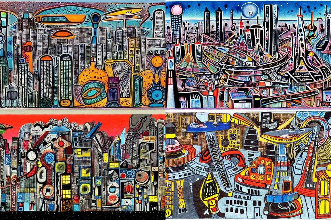 Sci-fi city in the style of Art Brut