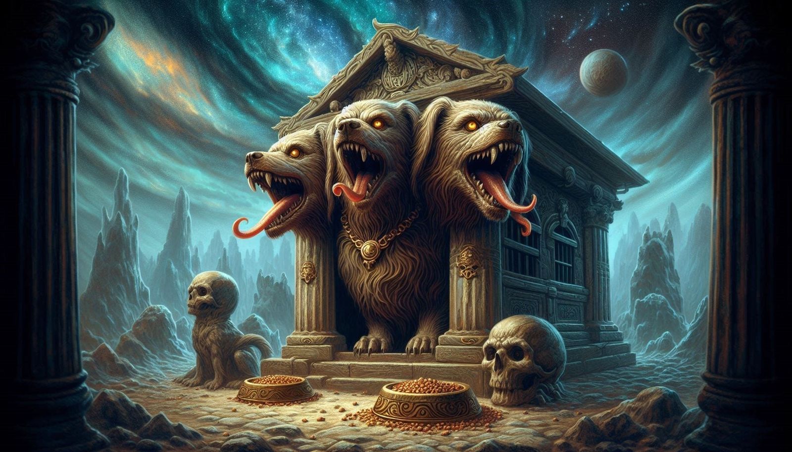 Cerberus in his doghouse in the underworld