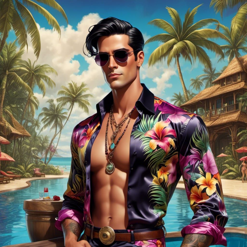 man by the pool<lora:TropicalPunk:1.0> 