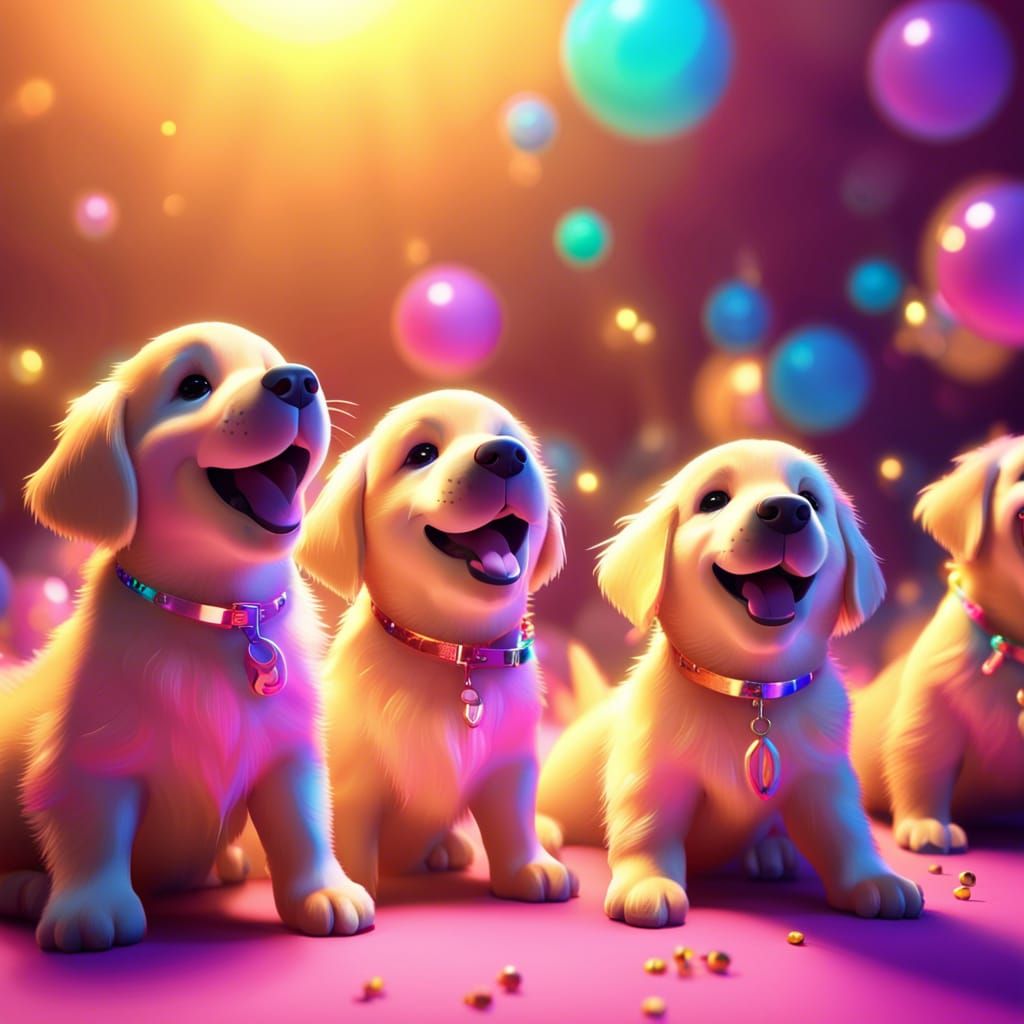 Golden Retriever Puppies' Disco Party in 3D
