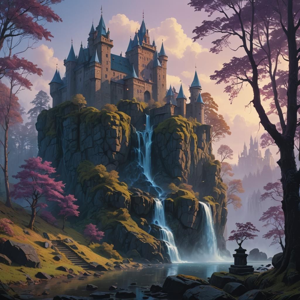 Mystical Forest Waterfall with Ancient Castle