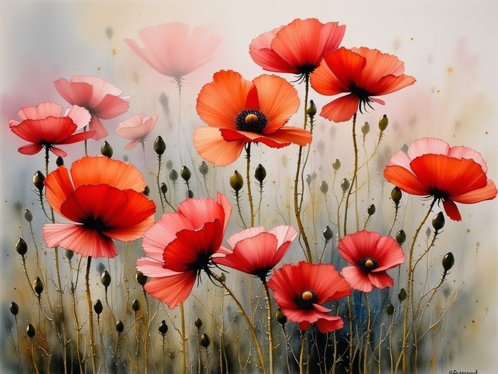 beautiful poppies in the pink evening light, by Charles Maurice Detmold, Steve Hanks and Anton Pieck, meticulous, intricate, entangled, intr...