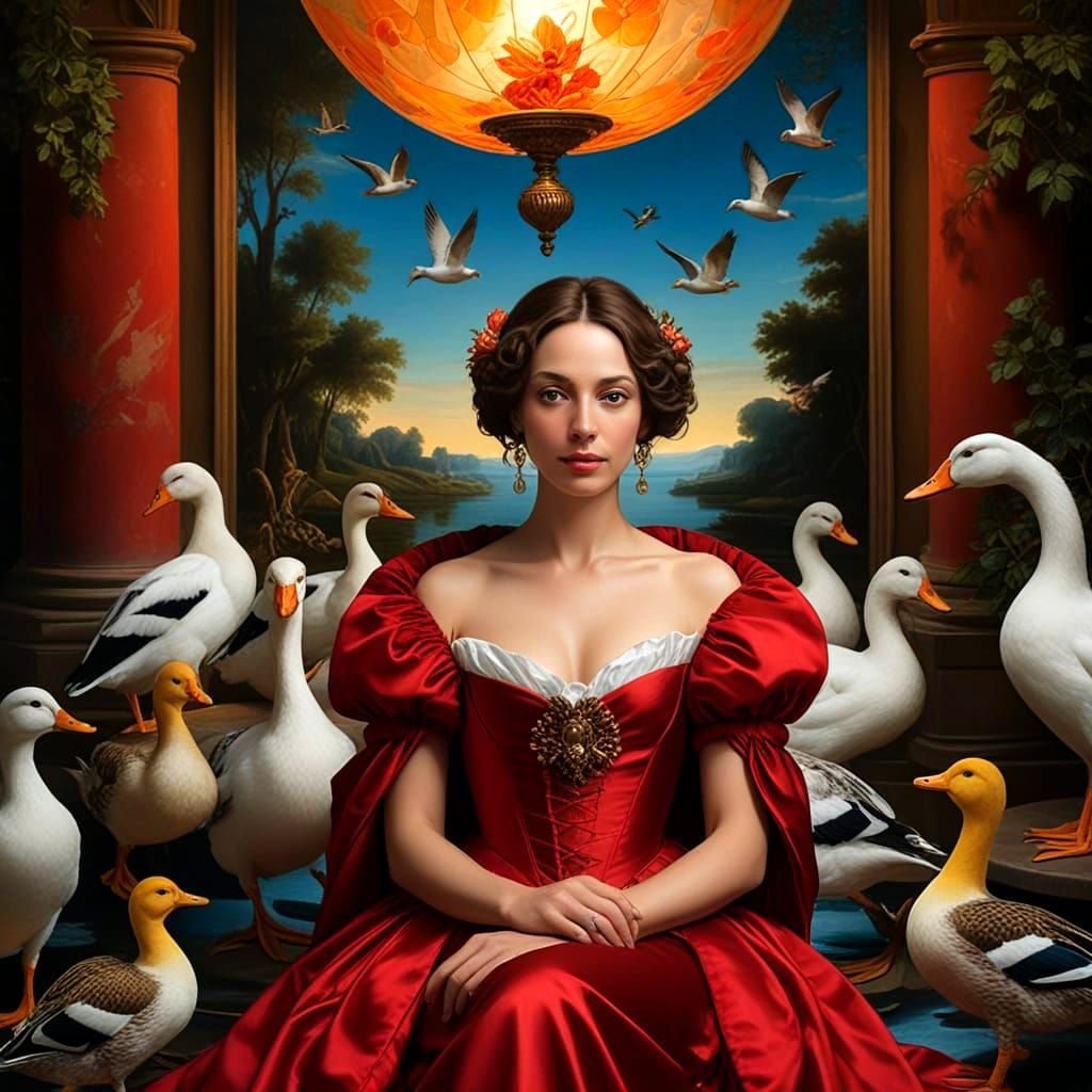Surreal Renaissance Goddess with Quacking Companions in Vibr...