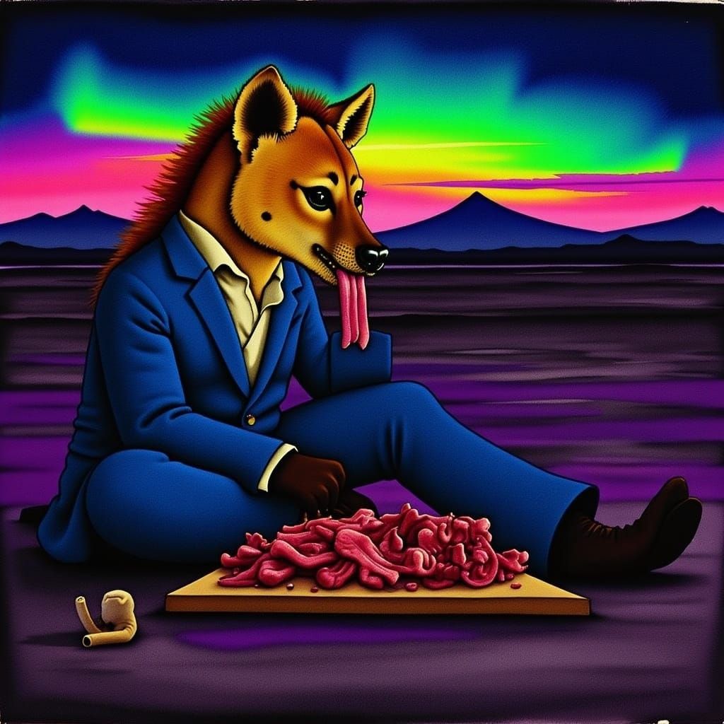 Hyena in a business suit eating raw meat at night with Auror...