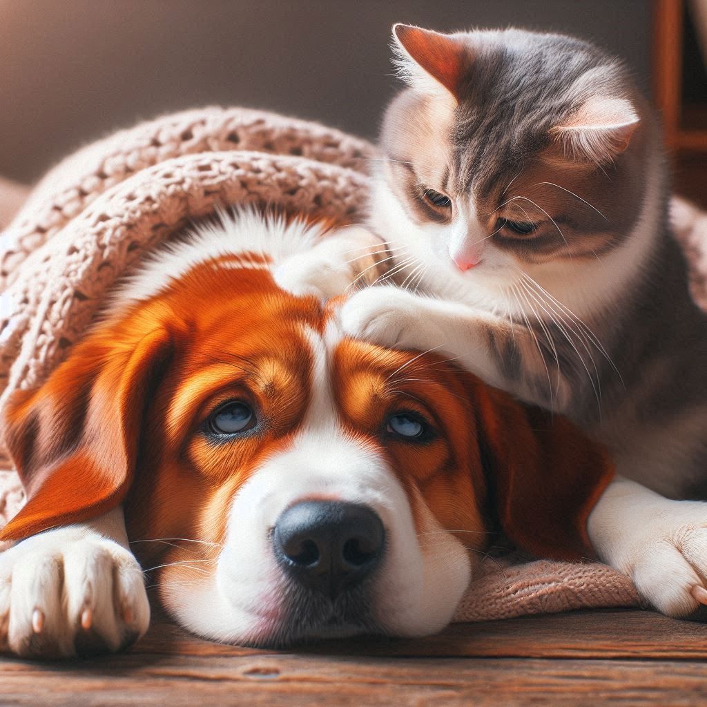 Sad dog and happy cat trying to cheer up him
