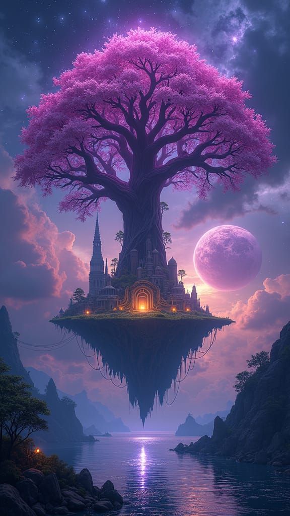 A colossal glowing world tree towering at the center of an endless ocean, its bark etched with ancient bioluminescent runes that pulse with ...