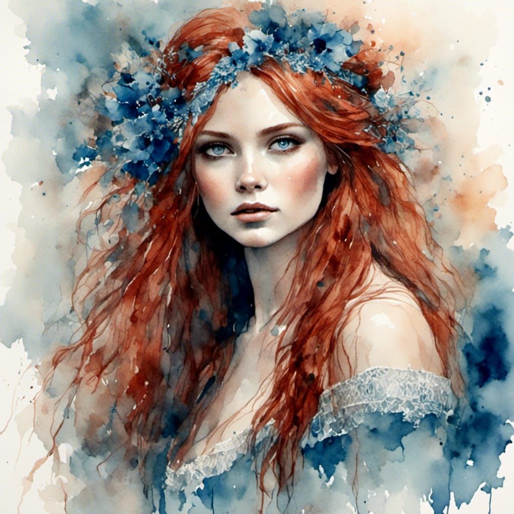 Elegant Woman with Red Hair in Antique Watercolor Style