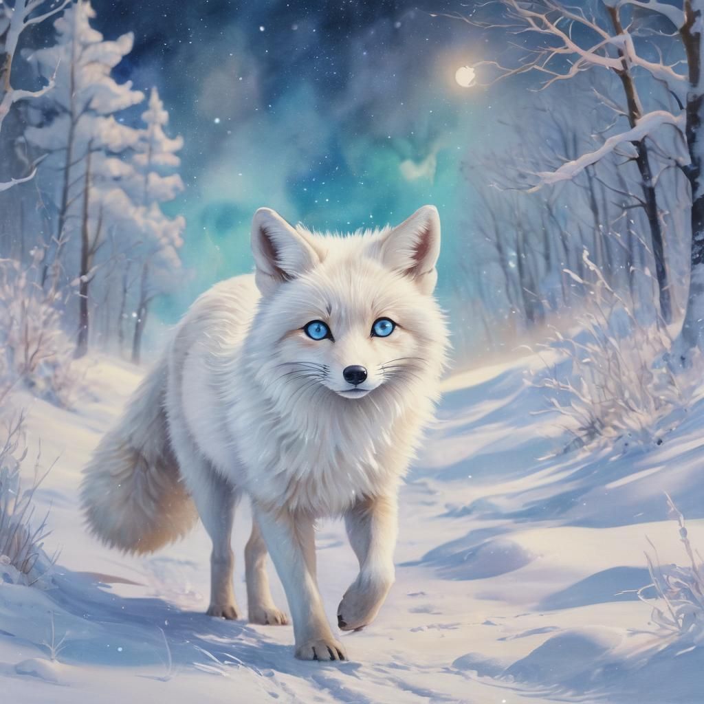 White Fox in Winter Wonderland Watercolor