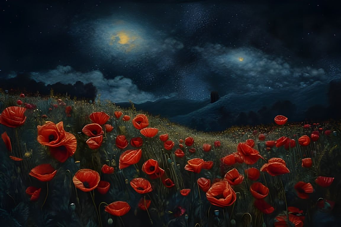 a field of red poppies under a starry sky