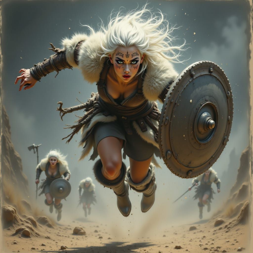 <lora:Action and Motion:1.0><Action-Motion>jumping White-haired teenage female Viking warrior, pale blue eyes, full-face Viking rune makeup,...