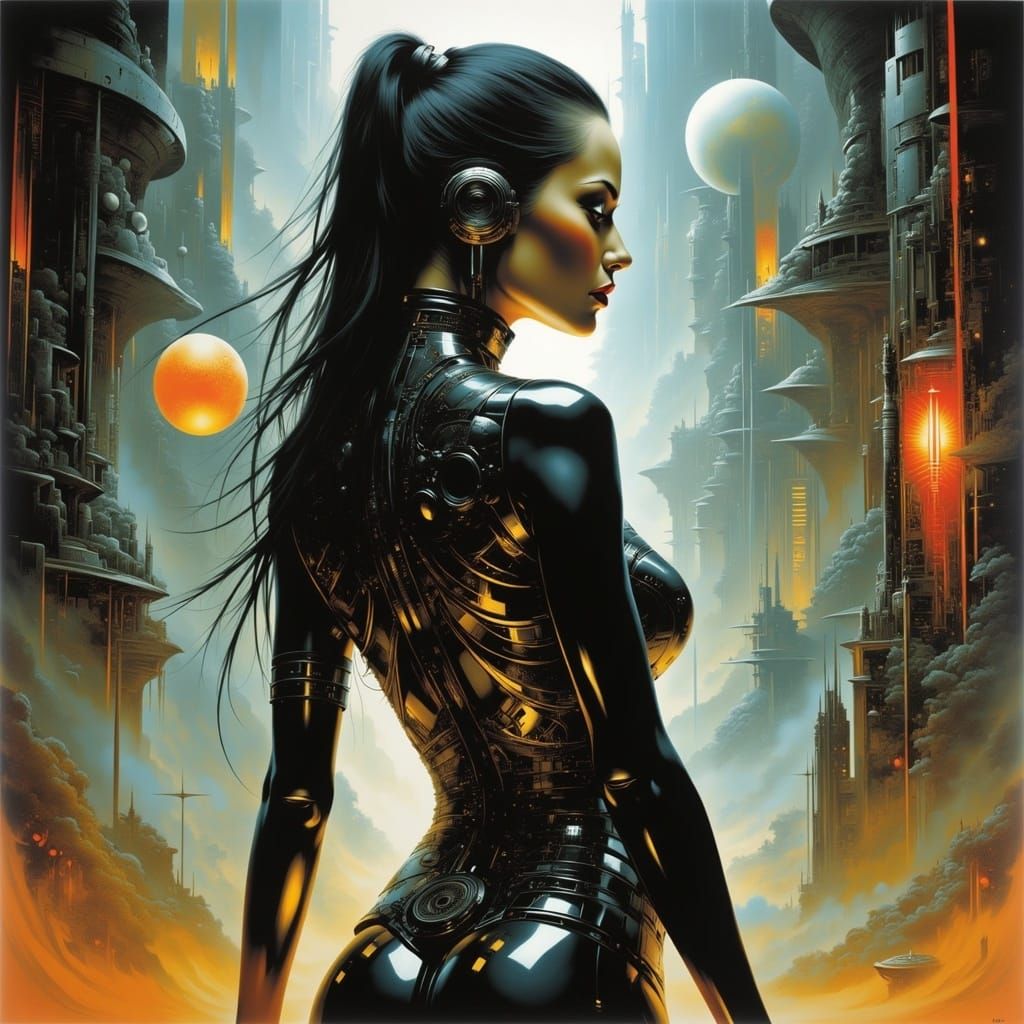 <lora:The Convergence:1.0>; 8k; a stunning photo realistic grunge painting; planets; distopian city; futuristic high tech cyberpunk shiney c...