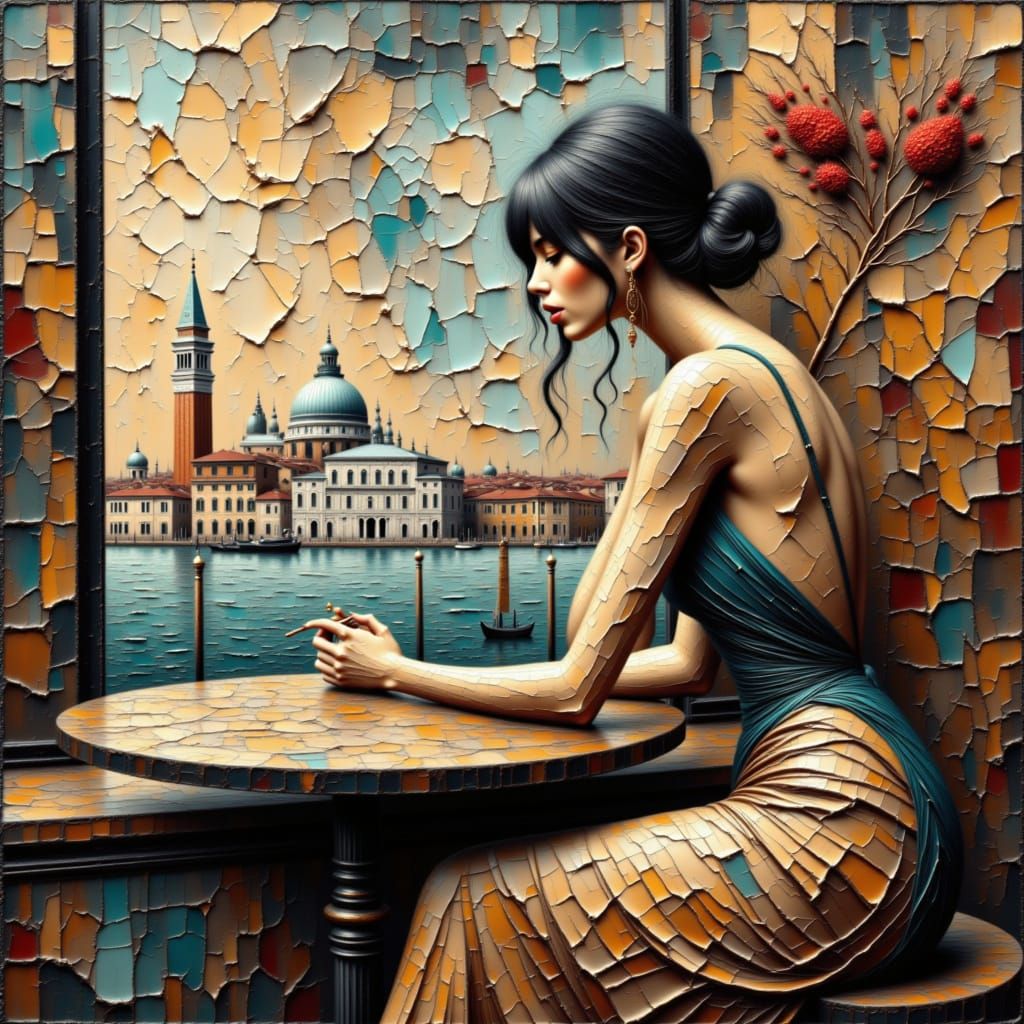 <lora:Cracked Impasto:1.0>  with a Venice skyline visible through a window behind her. The art is presented on cracked paper, featuring a mi...