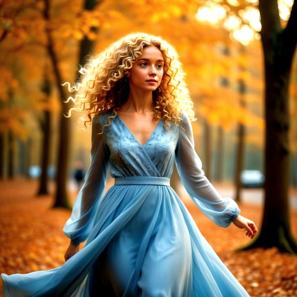 Portrait photography. A curly blond haired woman in a light blue gown steps forward in an autumn forest. Medium shot. Warm and inviting phot...