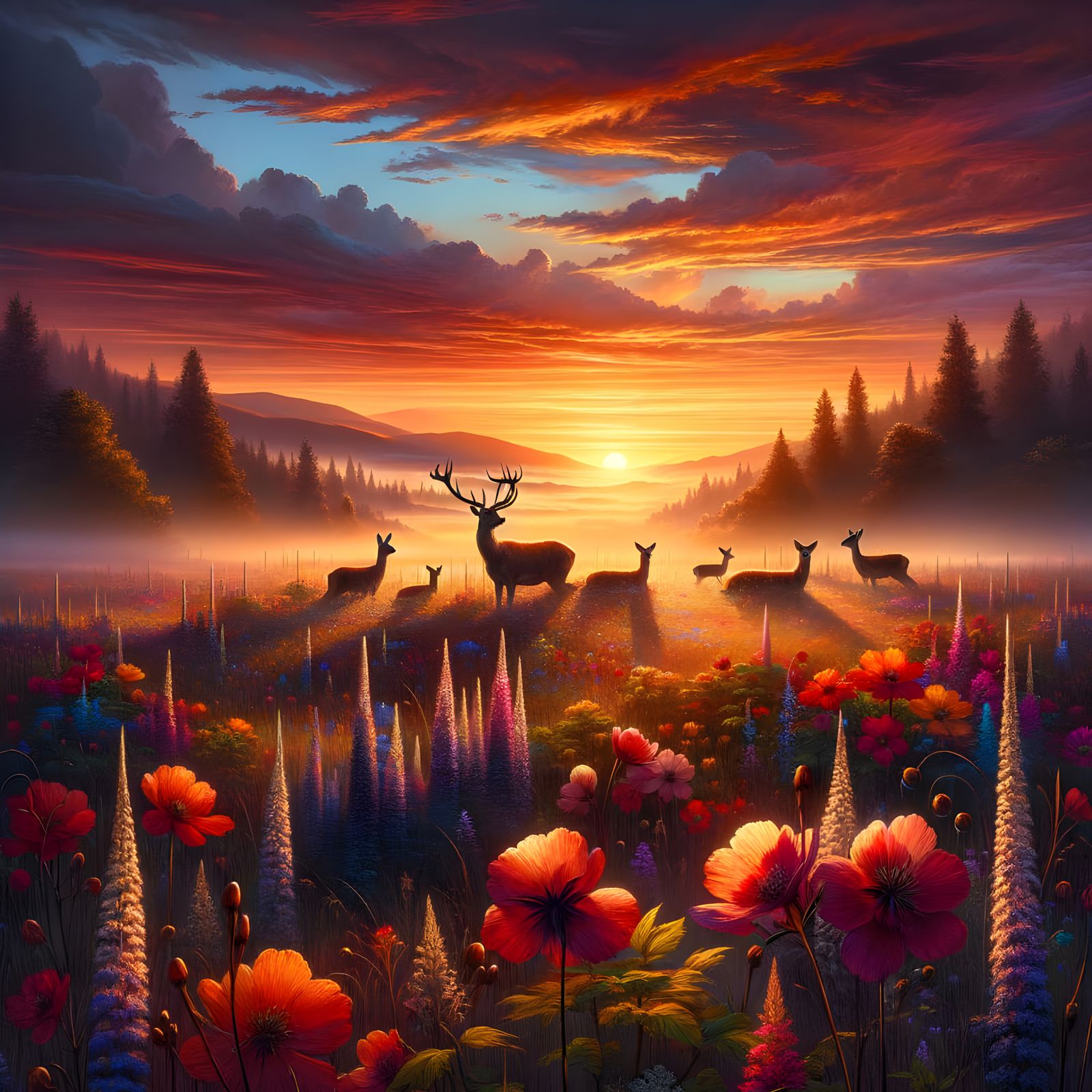 A serene sunrise over a field of vibrant wildflowers, with a family of deer silhouetted against the colorful ...  by @Irene