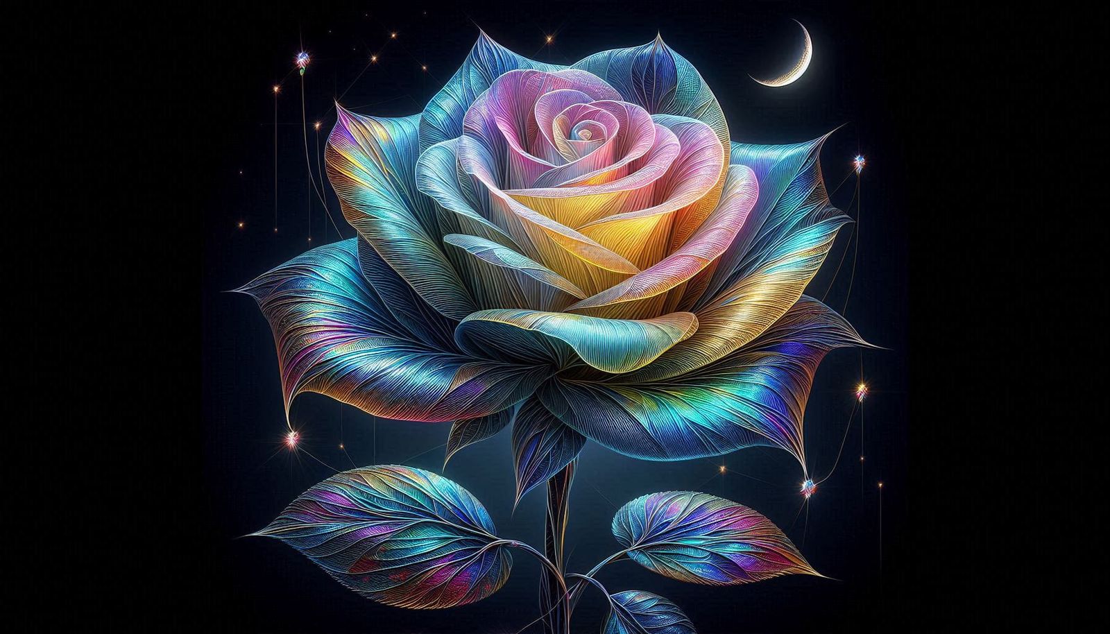Iridescent rose by the light of the moon and stars