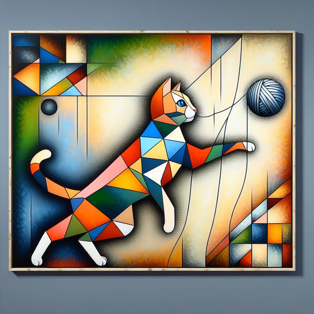 Colorful Cubist Cat Reaching for Wool Ball