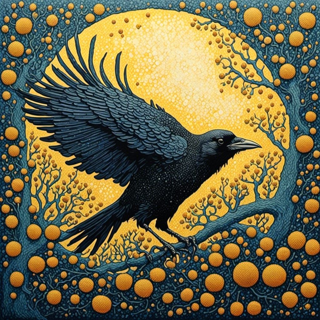 Post impressionist pointillist image of possessed crow in gooseberry bush <lora:Dot Dot Dash:1.0> watercolour and ink pointillism inspired b...
