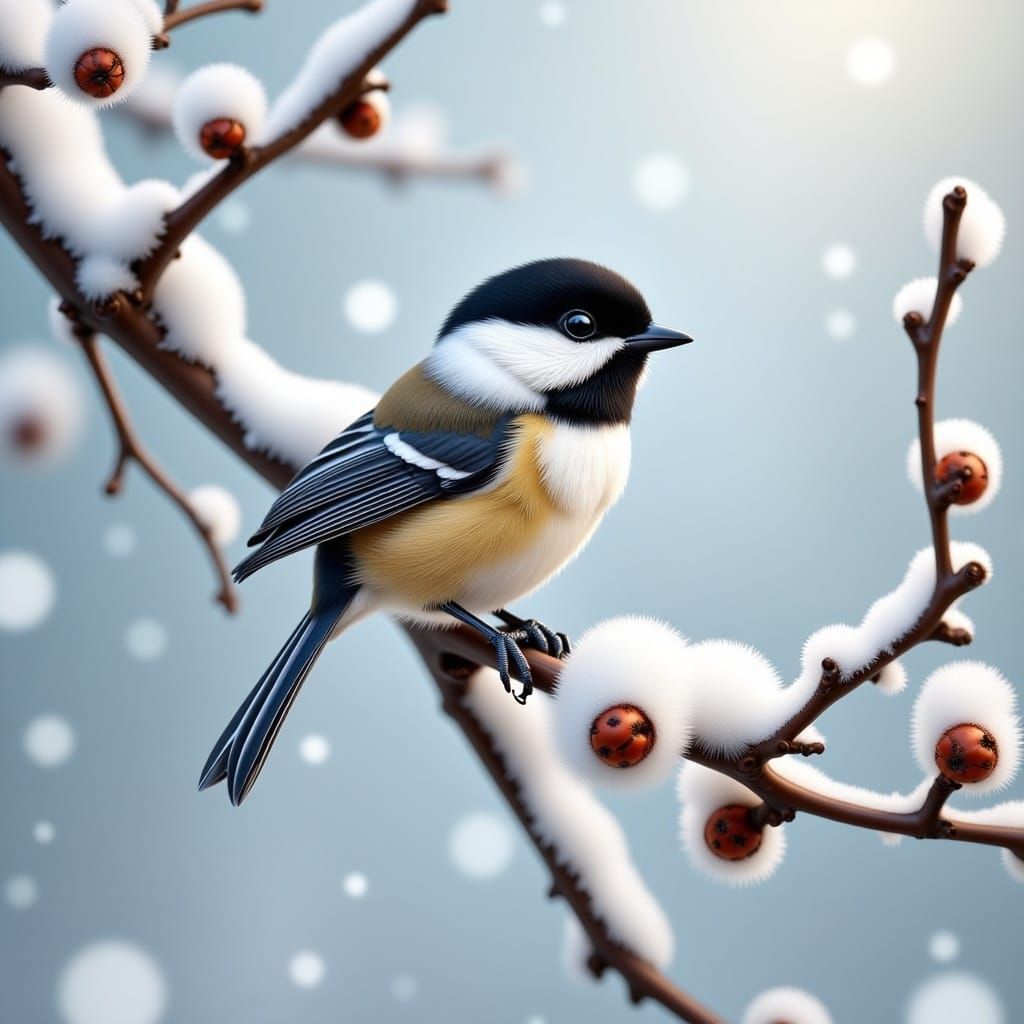 Cute Chicadee Birb in a Hawthorntree in Winter, hyperrealistic, hyperdetailed <lora:Real 3D Adorable:1.0> 